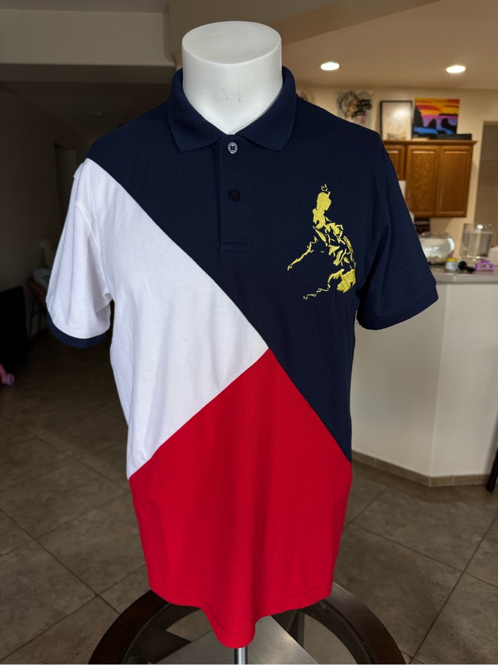 Philippines Men's Tri-Block Polo Shirt in Navy, White & Red with Yellow Motif